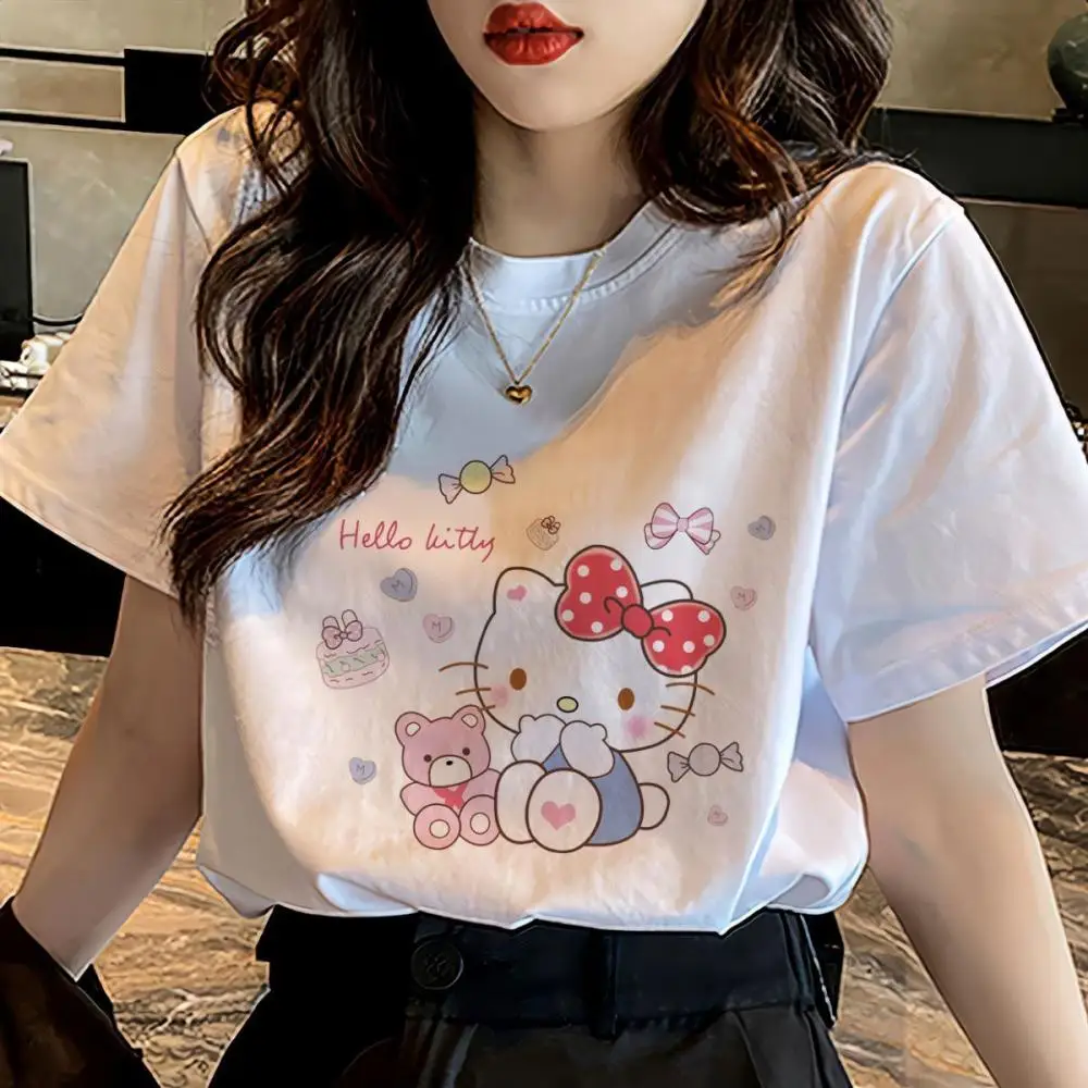 

Летняя футболка в стиле аниме «Hello Kitty» Sanrio Hello Kitty Kawaii Kt с коротким рукавом, студенческая корейская версия, свободная хлопковая мода в стиле Харадзюку