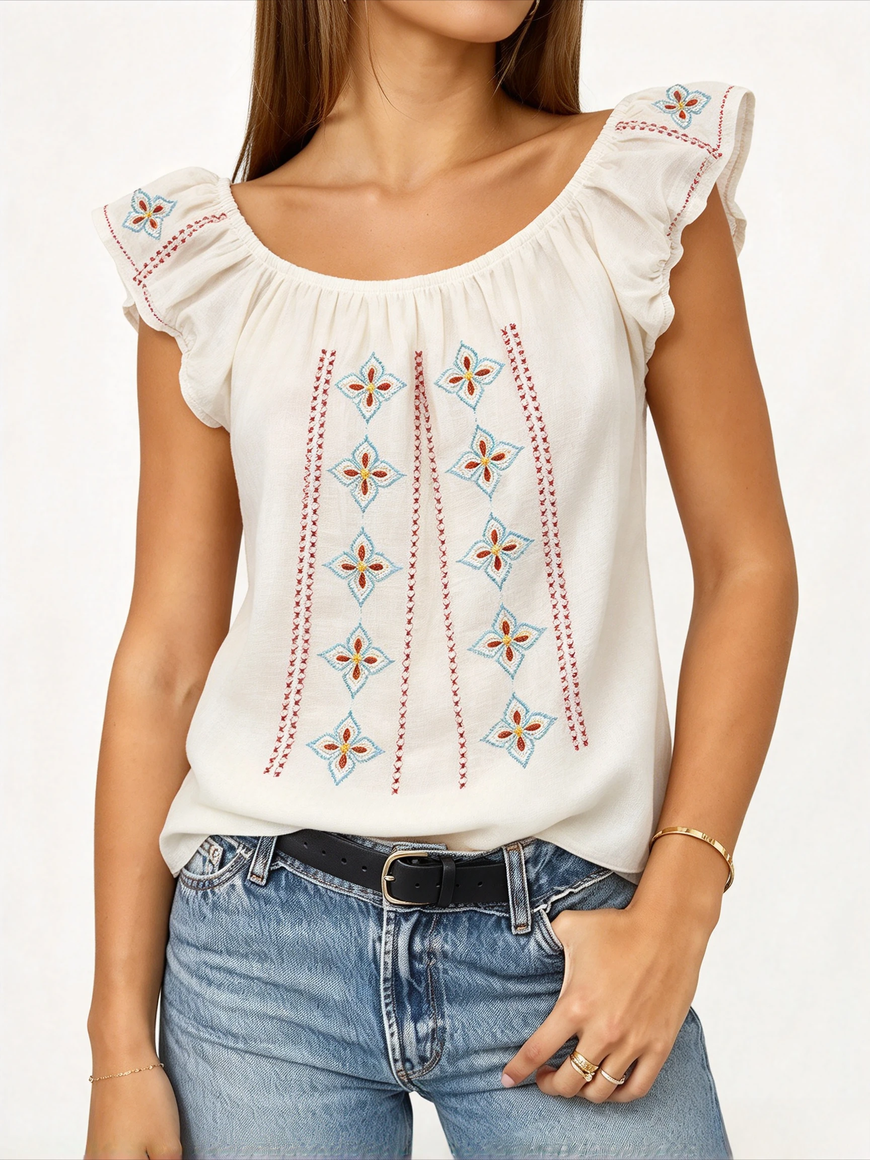 Summer Gentle Style Square Neck Flutter Sleeve Top Color Cross Flower Embroidery Slim Fitting White Short Sleeve T Shirt