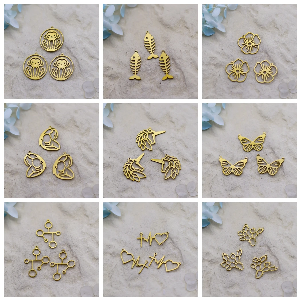 3pcs Stainless Steel Charms For Jewelry Making Unicorn Fish Bone Pendant Cactus Potted Charm Bracelet Necklace DIY Accessories