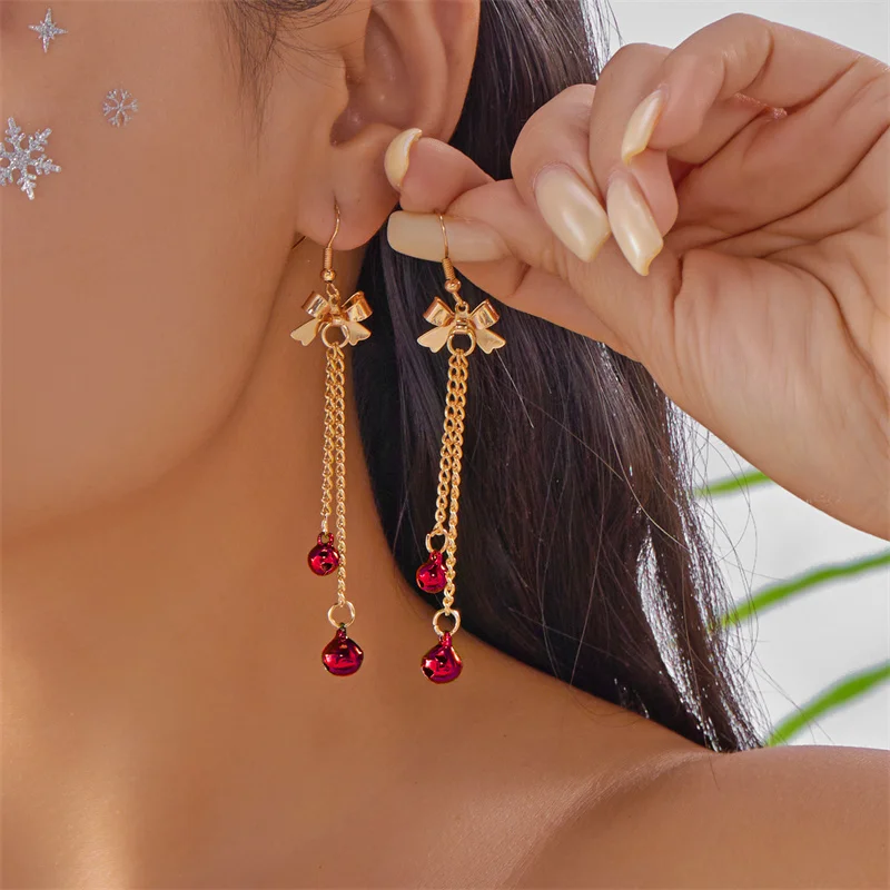 

Christmas Red Green Bells Drop Earring For Women Elegant Bowknot Leaf Bell Long Tassel Chain Earrings Girls New Year Gift