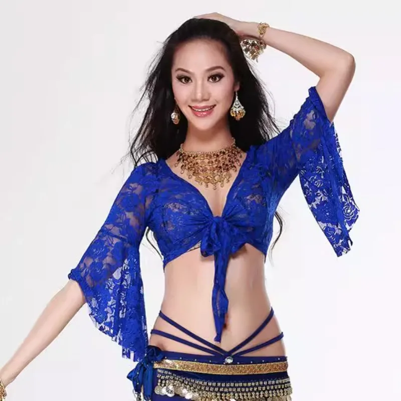 

Топы для танца живота по индивидуальному заказу, кружевной рог, бабочка, 7-центный ремень на рукавах, тренировочный топ, костюм танцовщицы живота, синий, красный, фиолетовый, розовый, зеленый