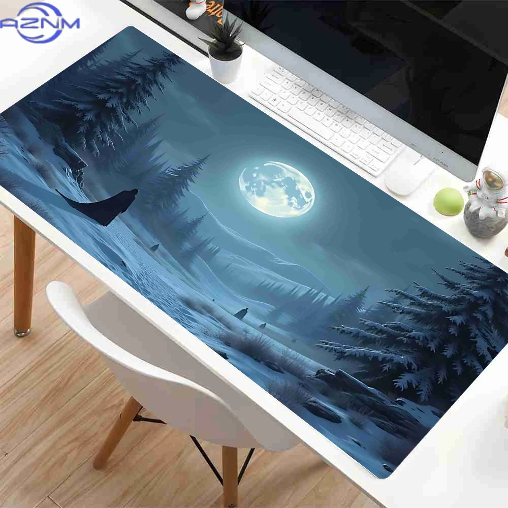 1pc Large Non-Slip Gaming & Office Desk Mat - Full Moon Snowy Forest Mouse Pad with Winter Landscape (Trees, Snow, Moon) - Exten