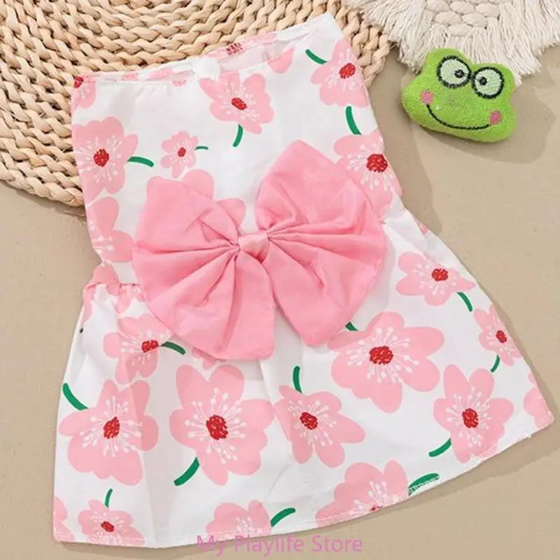 Dog Flowers Print Dress with Bowknot Spring Summer Wedding Dog Skirt Sweet Lightweight Small Lovely Dogs Skirt