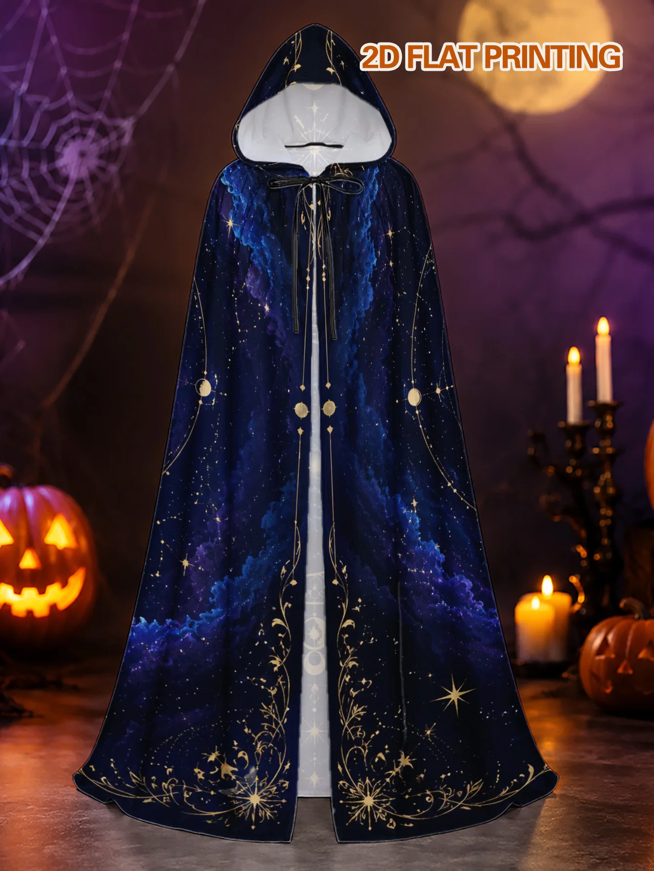 1pc Adult Hooded Costume Cloak with Celestial Gothic Spiral Design, Long Polyester Cape for Halloween Witch Roleplay