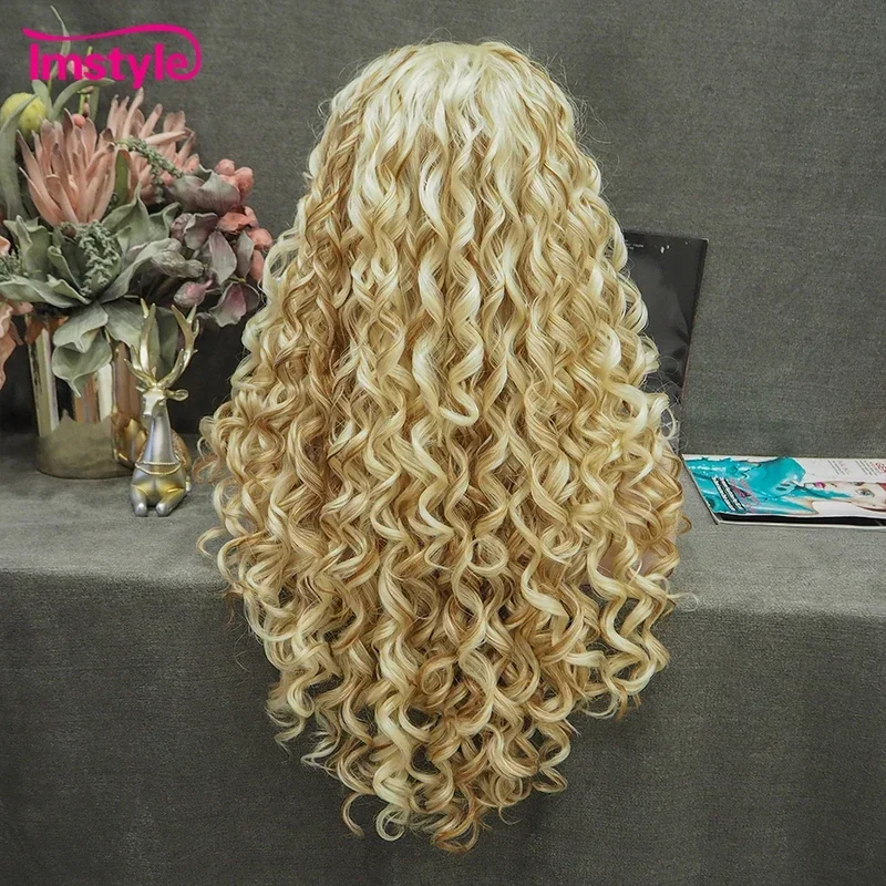 Imstyle Synthetic Lace Front Wig Blonde Golden Mixed Lace Wig Curly Heat Resistant Fiber Long Wigs For Women Cosplay Wig