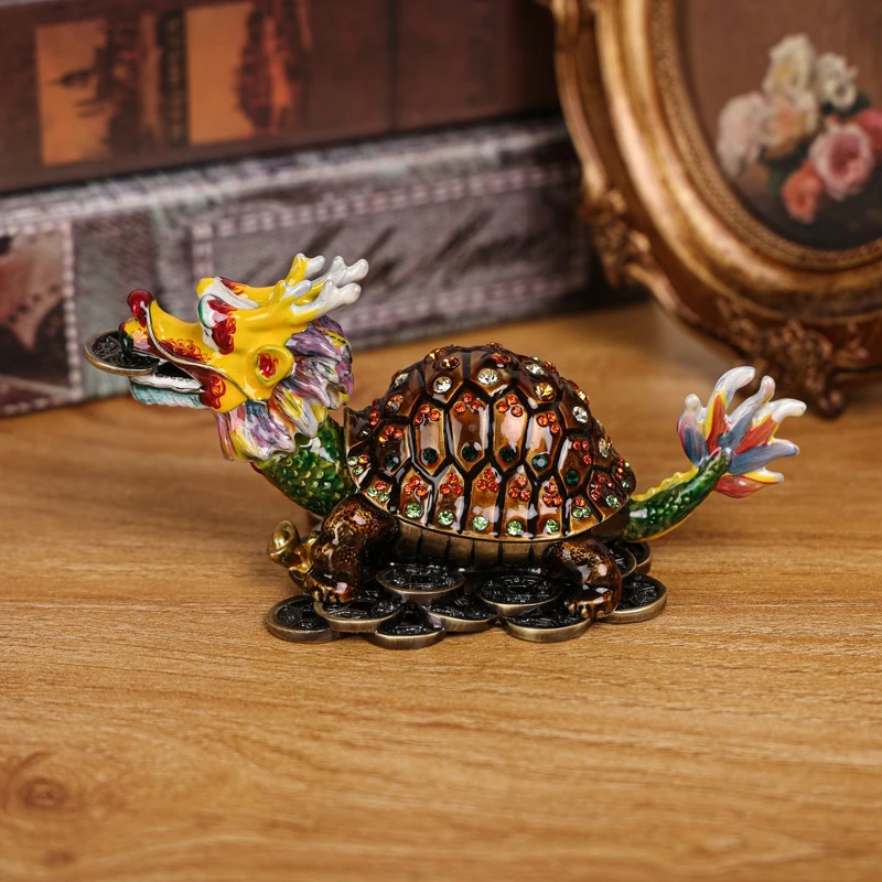 

Delicate Auspicious Dragon Turtle Fengshui Bling Crystal Storage Alloy Metal Ornaments