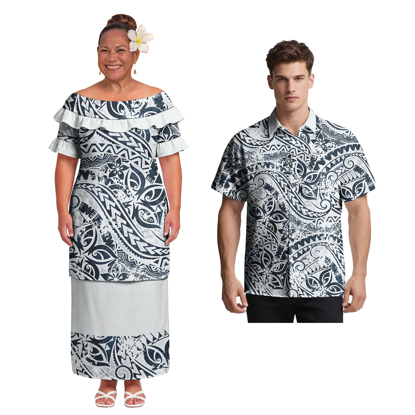 Hawaiian Men's Fashion Casual Shirts Samoan Women Church Puletasi Dress Polynesian Tribal Style Print Matching Couple Outfits