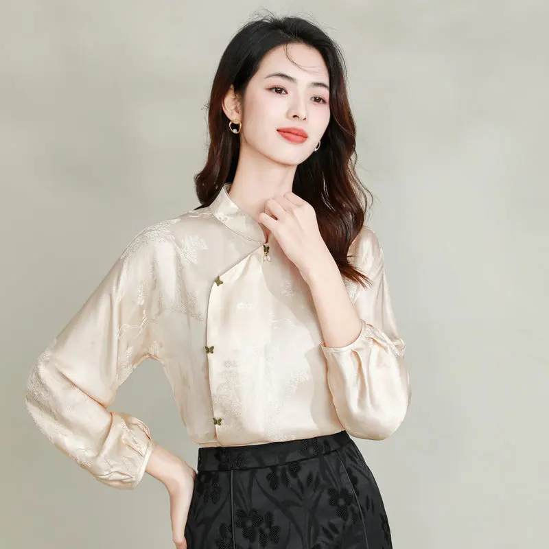 

New Chinese Style Office Lady Nude Shirt Silk With Landscape Patterns Jacquard Tops Mandarin Collar Slanted Placket Shirts Women