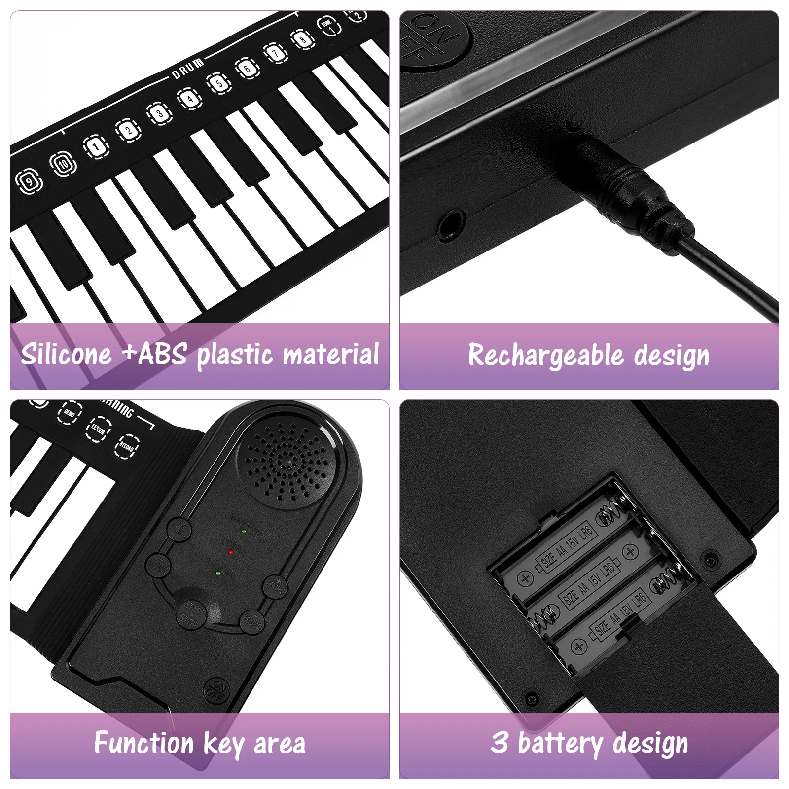 Numpad Keyboard Electronic Roll Piano Foldable for Children Portable Black Silica Gel 49 Keys