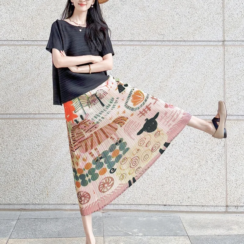 Miyake Pleated Fashion Short-Sleeve Top Women Stretch T-Shirt Printed Skirt Summer Slimming Versatile Vacation Set Wrinkle-Free