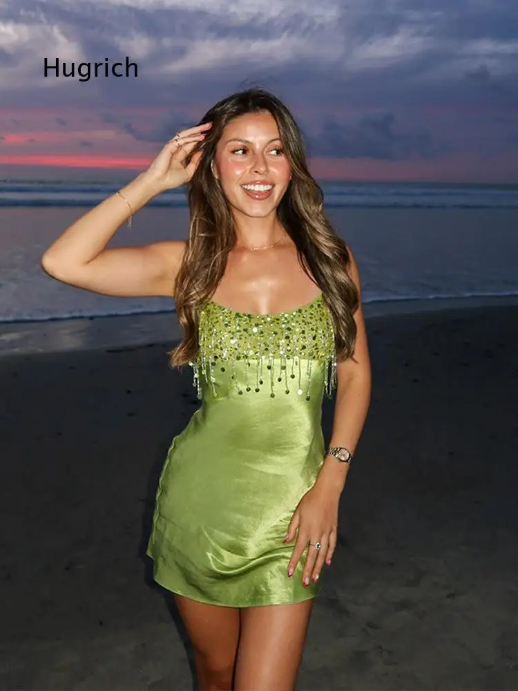 Womens Sexy Two Piece Outfit Spaghetti Strap Top And Mini Skirt With Sequin Tassel Crystal Bead Decor Party Club Wear For Daily