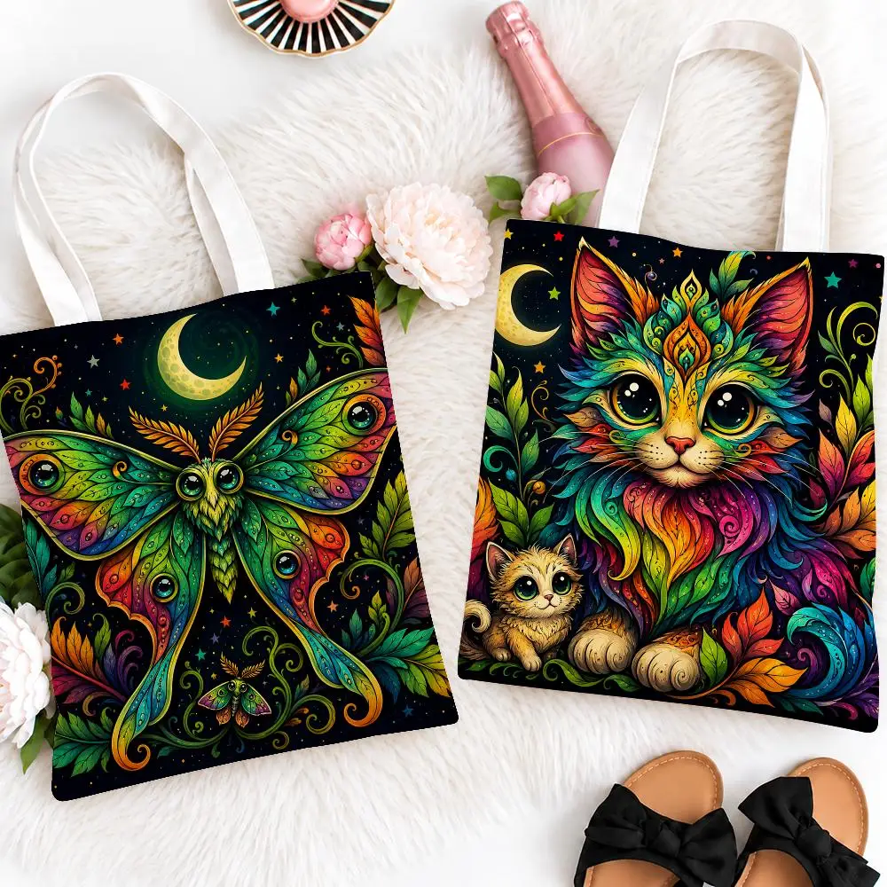 Aesthetic Boho Mystic Creatures Storage Bags Eco Canvas Tote Odorless Reusable Double Print Shopping Bag