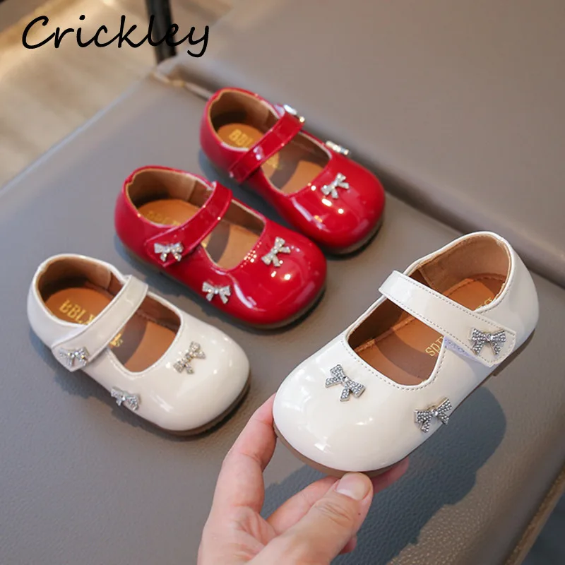 

Crystal Bow Children Flats Shoes Solid PU Leather Soft Girls Princess Shoes Non Slip Hook Loop Kids Party Shoes