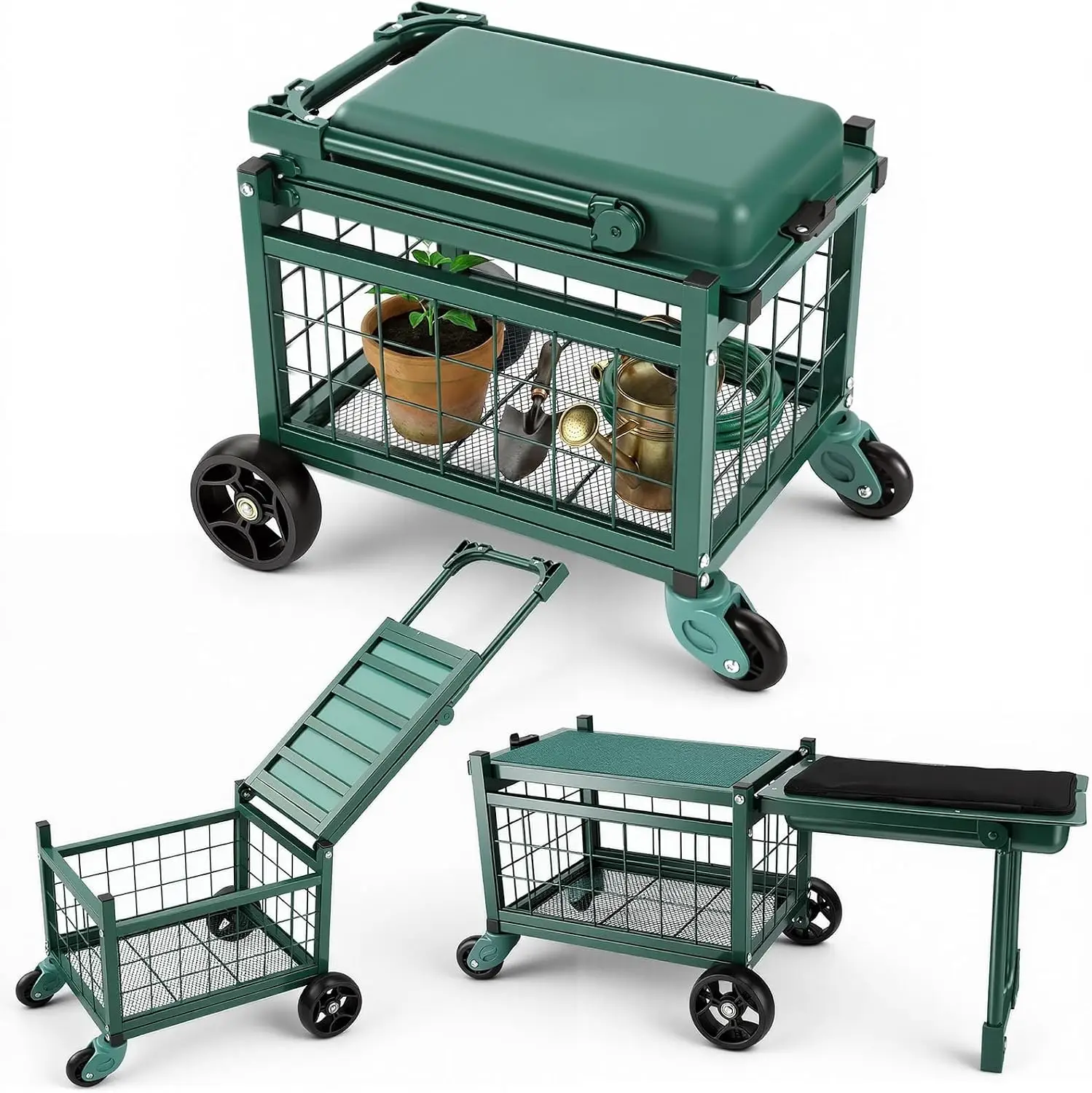 Rolling Metal Garden Cart with Seat, Heavy Duty Garden Work Seat, Gardening Wagon and Stool for Seniors, 360° Swivel Wheels, Storage Basket, Workbench, Tool Bag, Upgraded Design