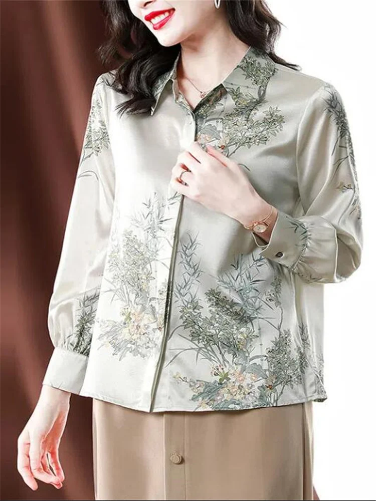 Elegant Women Silk Shirt OL Cardigan Blouse For Women Luxury Blouse Female Clothing Basic Floral Printing Top Female Satin Shirt