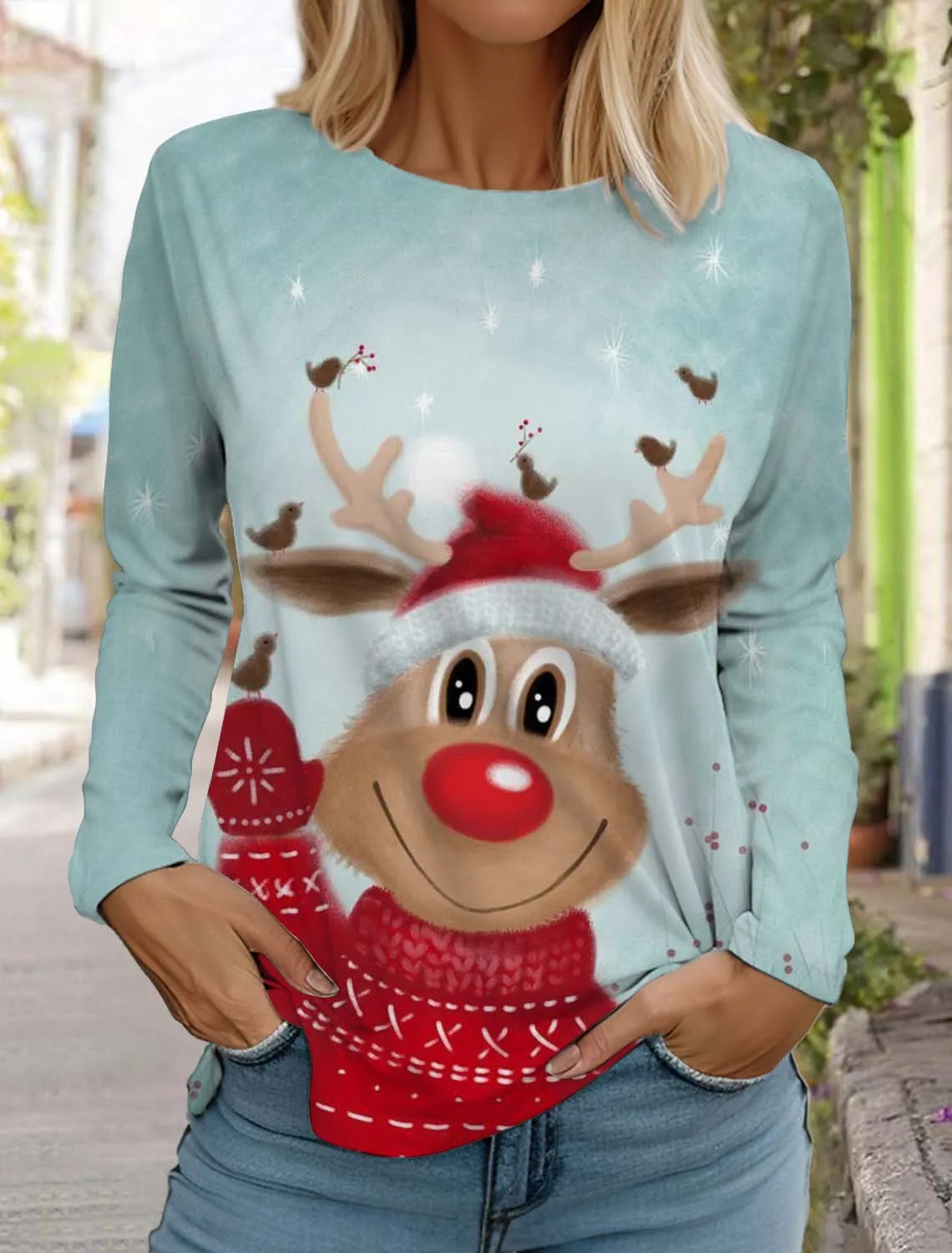 

Christmas Moose Women's Long Sleeved T-shirt Casual Holiday Fashion Autumn Holiday gifts Tops Harajuku Clothing Women's Clothing