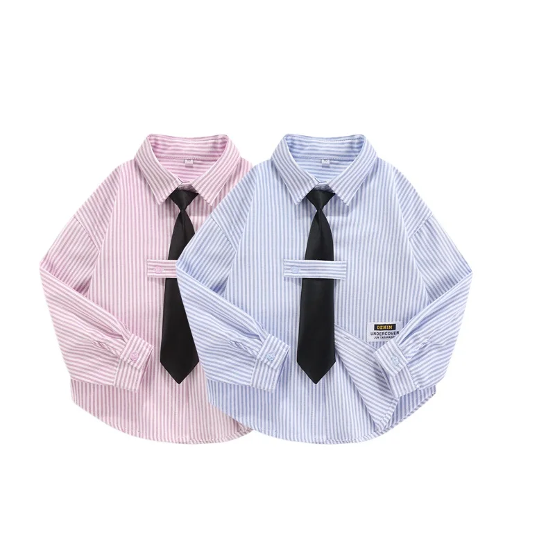 Kids Long Sleeve Striped Shirt with Tie Preppy Style Tops Boys Girls Casual School Uniform Costume Outfit Daily Wear 3-13 Years