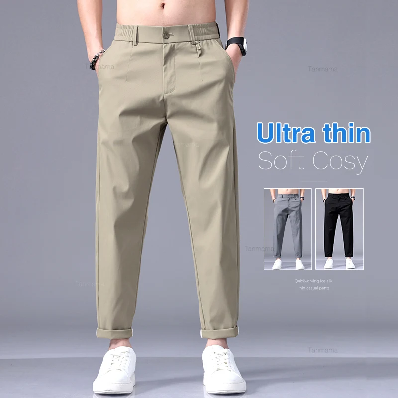 Summer Ultra-thin Men\'s Ice Silk Casual Pants Fashion Solid Color Loose Business Straight Ankle Length Trousers Black Gray Khaki