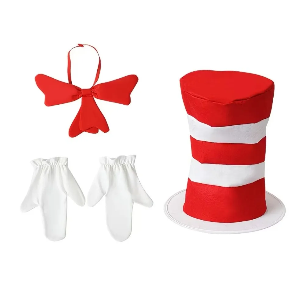 Red White Striped Top Hat Costume Set Funny Style Bow Tie Gloves Kit Adults Kids Party Cosplay Halloween Christmas Dress Up