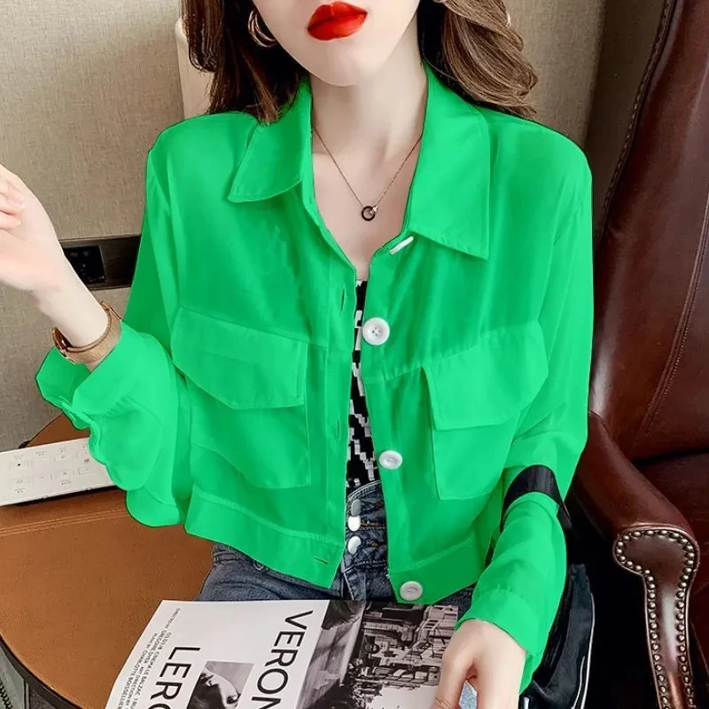 Thin Jacket Female 2022 Summer New Loose Short Chiffon Sunscreen Coat Women\'s Pocket Long-Sleeved Shirt Top Outerwear Tooling