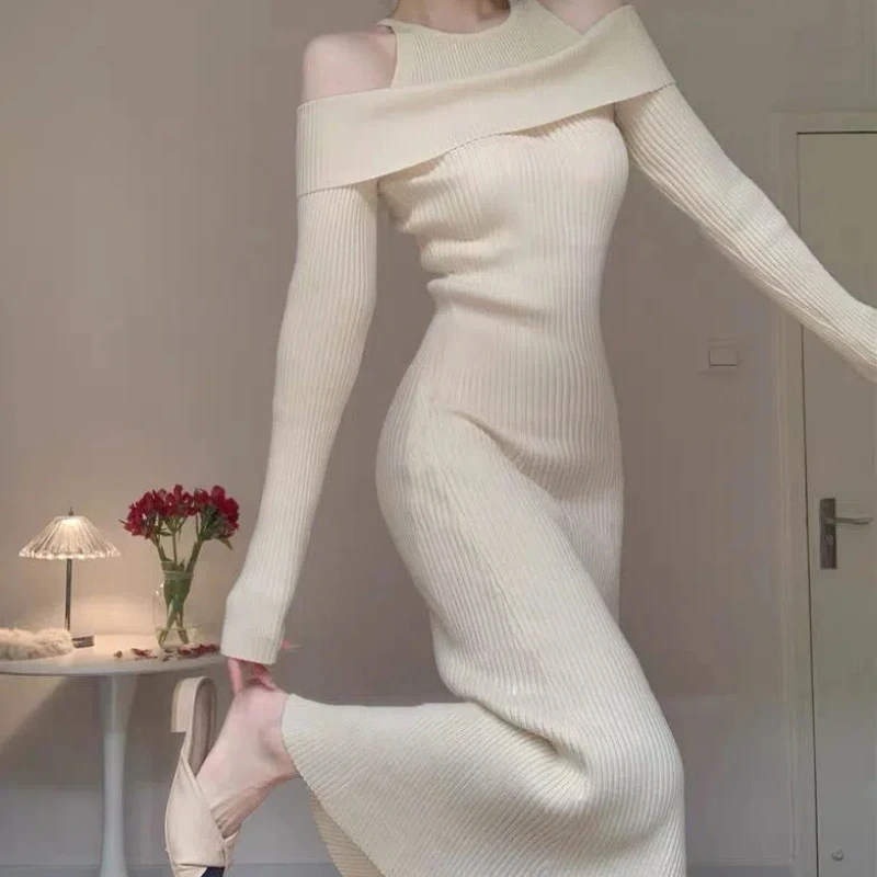 Autumn Winter Pure Desire Style Knitted Off Shoulder One Shoulder Women\'s Clothing Coat with Fishtail Skirt Underneath Dresses