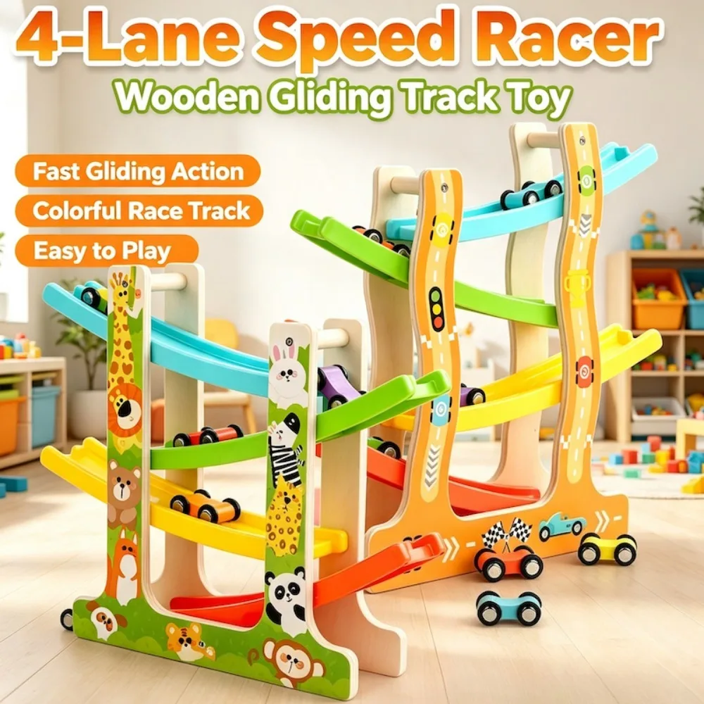 Wooden Gliders Montessori Inertia Four-layer Track Car Toys Animal and Traffic Theme Early Educational Toys Christmas Gift