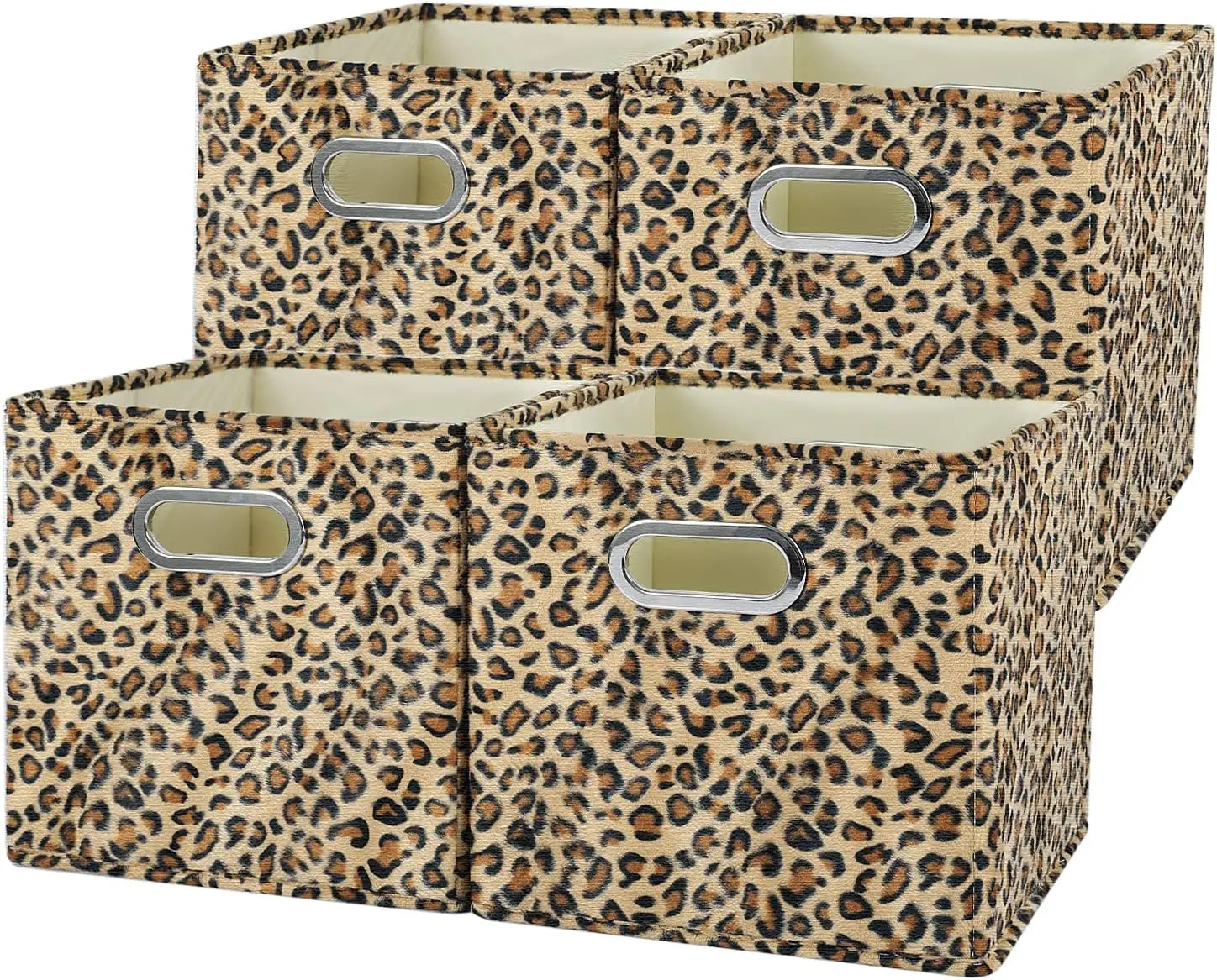 4-piece storage box with cubic leopard print velvet fabric, folding storage basket with handle, brown.