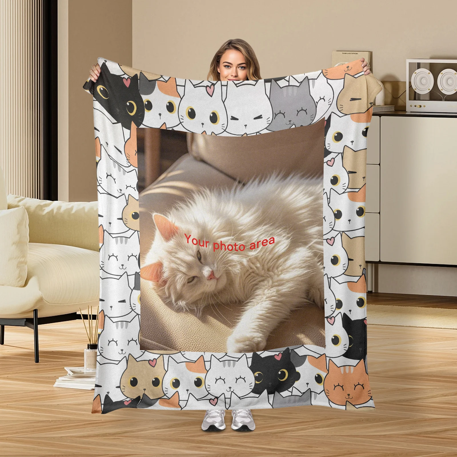 

Exquisitely Crafted Flannel Blanket For Loved Ones Featuring One Customizable Adorable Cartoon Cat Image