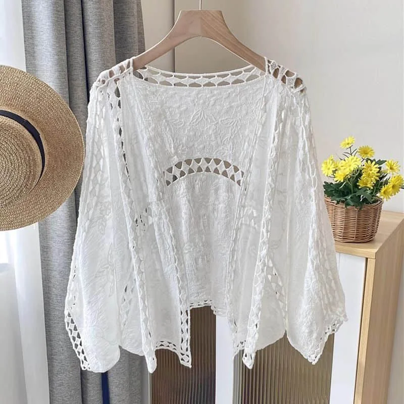 Crochet T-shirts for Women Sunscreen Lace Tops Oversized Casual Korean Style Smock Long Sleeve Cardigan 2026 Summer Thin Clothes