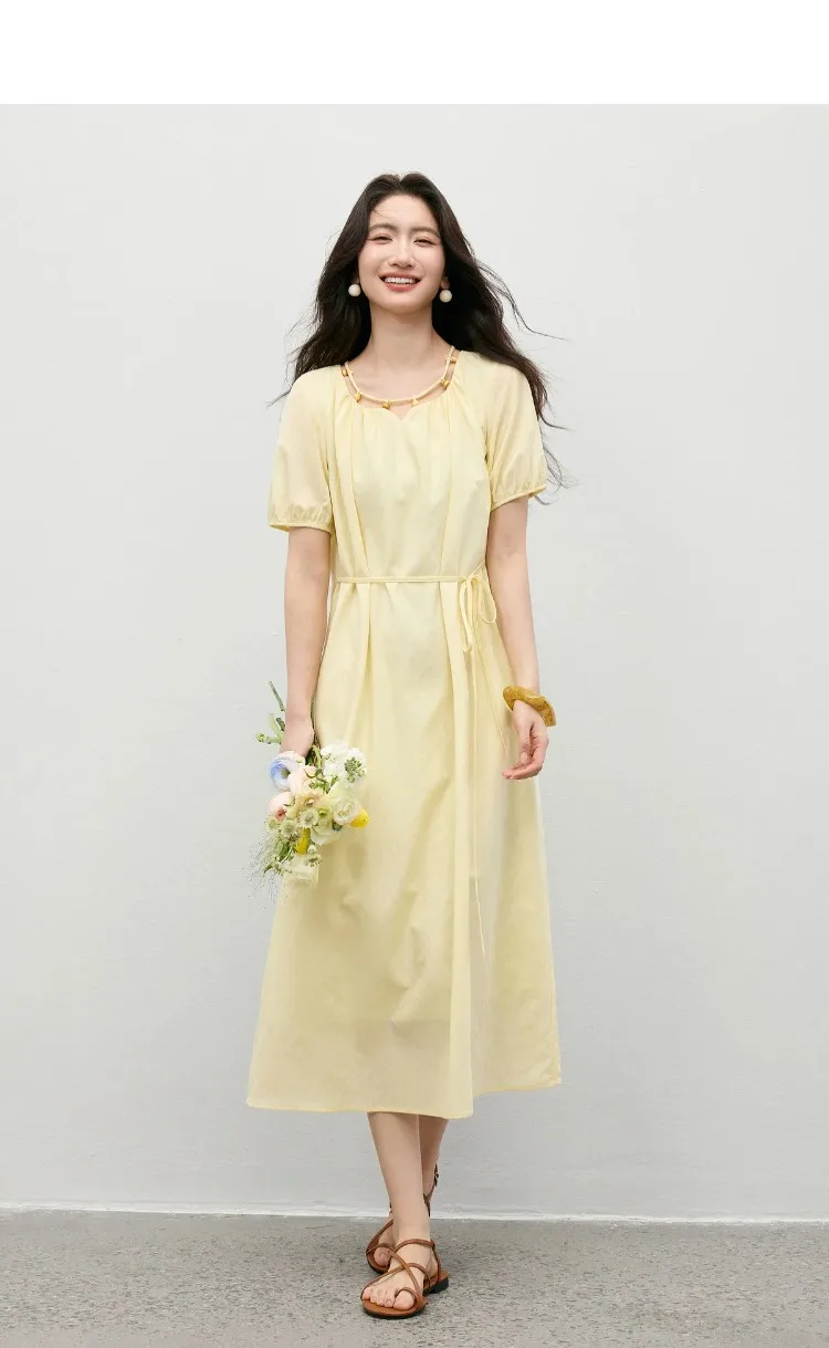 SENTUBILA Damen A-Linien Sommerkleid, Elegantes Cut-Out-Design, Perlenbesetzter Rundhalsausschnitt, Abnehmbare Taillenschleife, Lässiges Kurzarmkleid 162LI5980 – Detail 11
