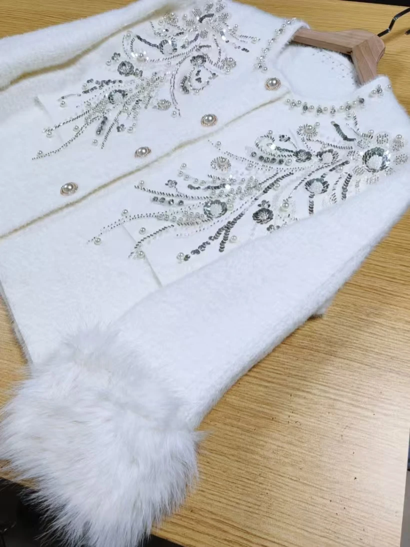 

Роскошный вязаный кардиган с жемчугом и бриллиантами из искусственного меха, женское пальто с круглым вырезом, элегантный маленький ароматный свитер, верхняя одежда, куртка