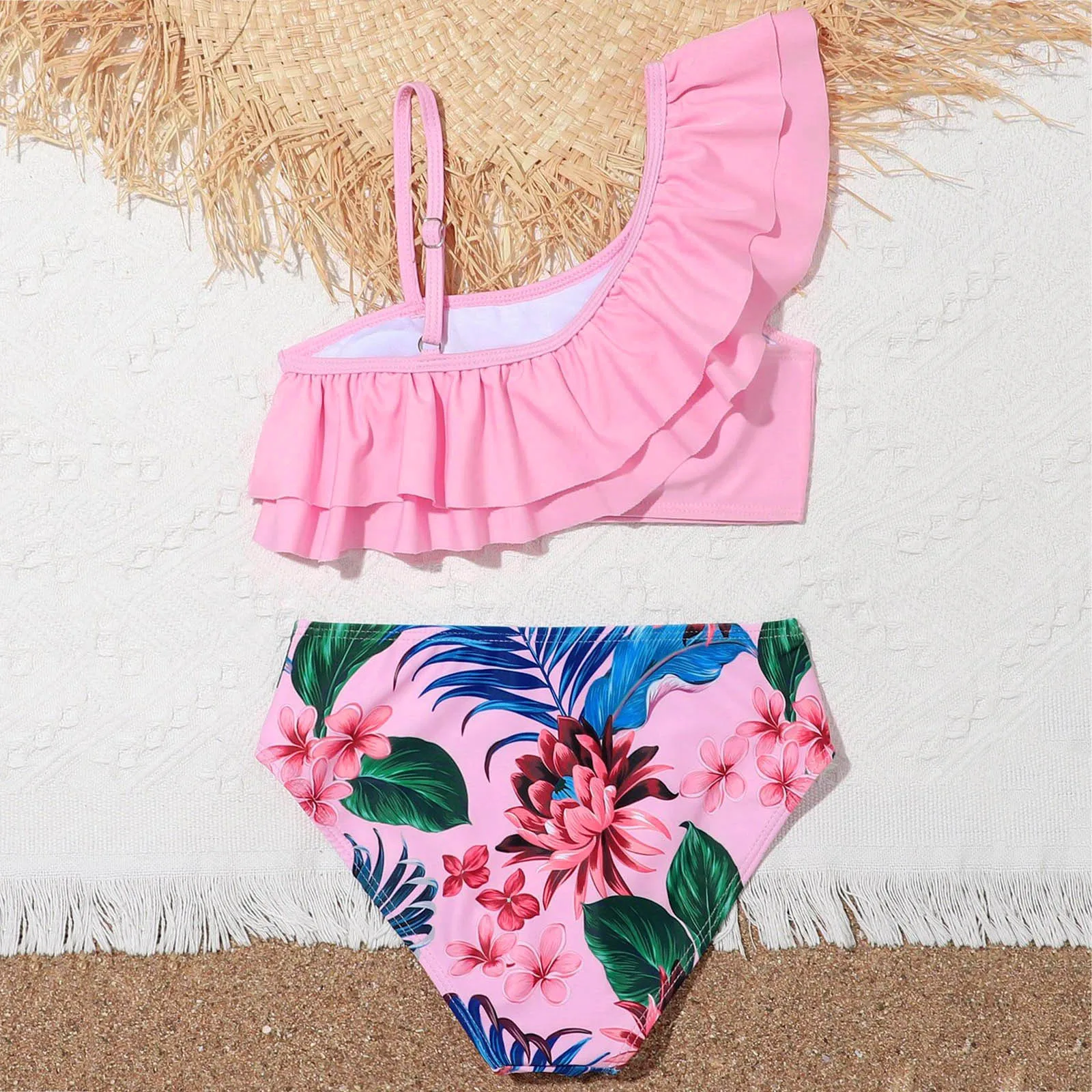 Bañador deportivo de 2 piezas para niña, conjunto de Bikini de cintura alta con estampado Floral de flores azules, talla 14