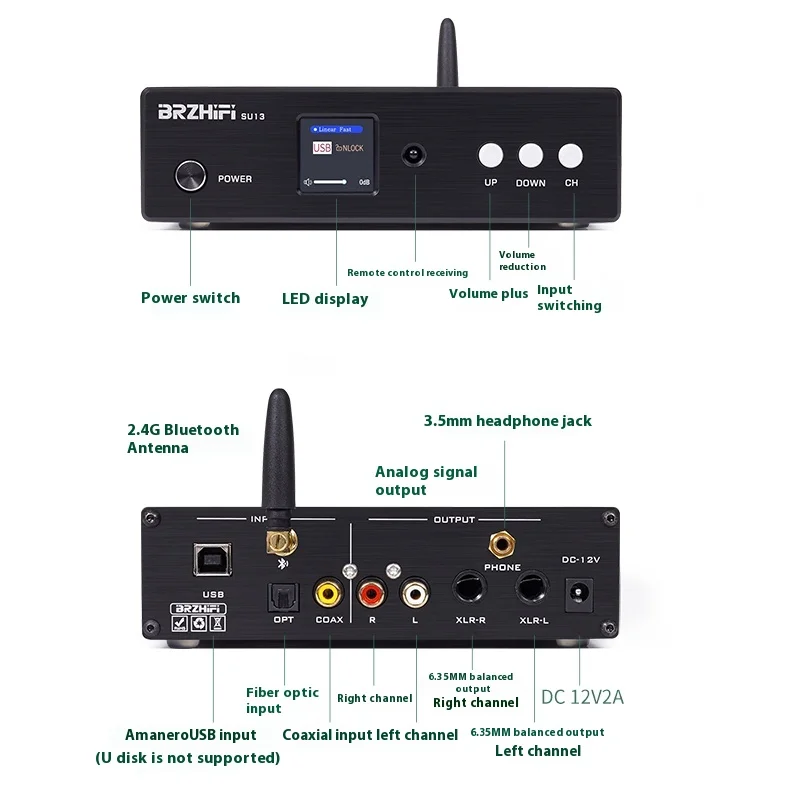 BRZHIFI SU13 escritorio HIFI Bluetooth ES9068 decodificador USB tarjeta de sonido interfaz Digital amplificador de auriculares todo en uno Bluetooth 5,0