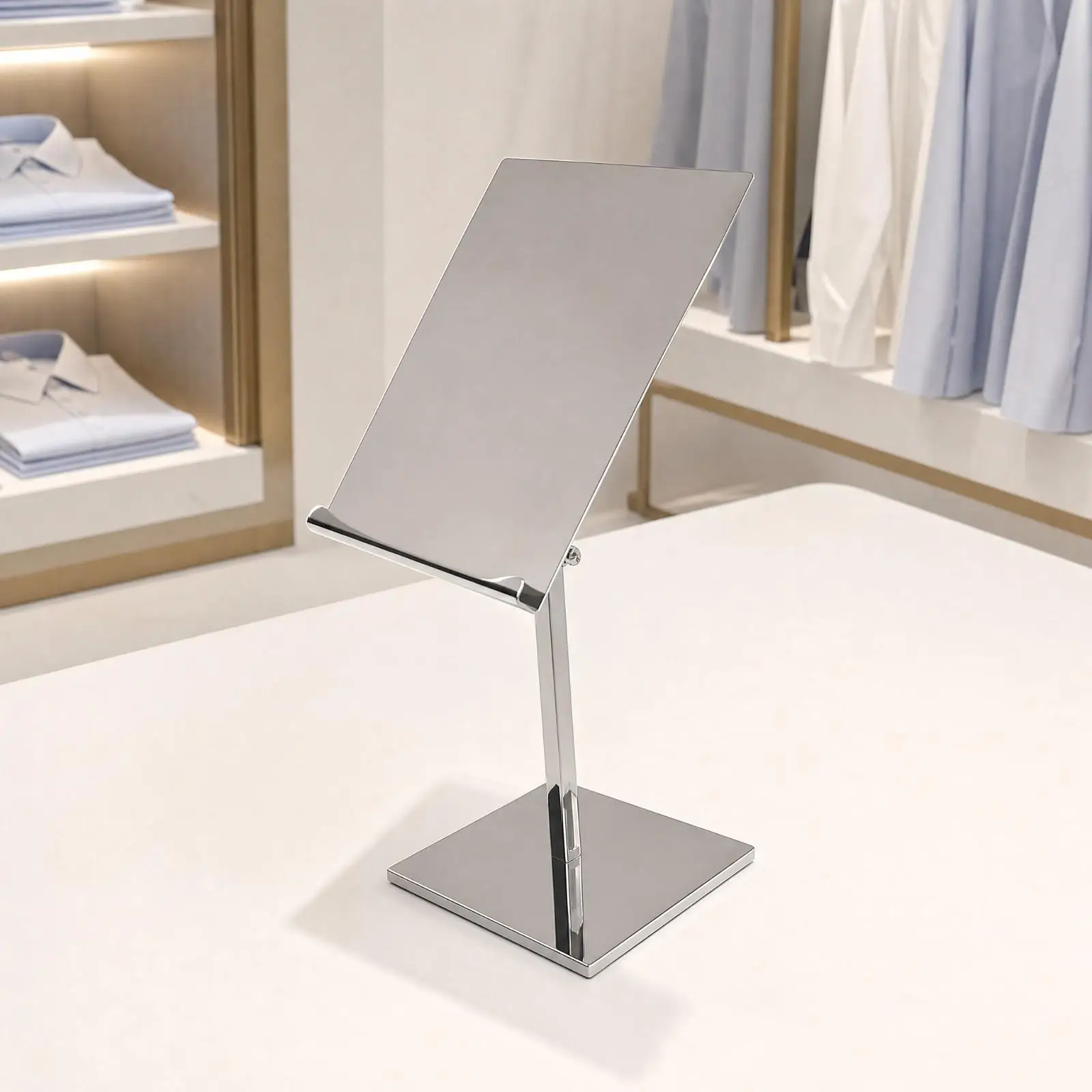 Shirt Board Display Stand in Reflective Stainless Steel for Showroom Apparel Showcase and Retail Store Visual Presentation