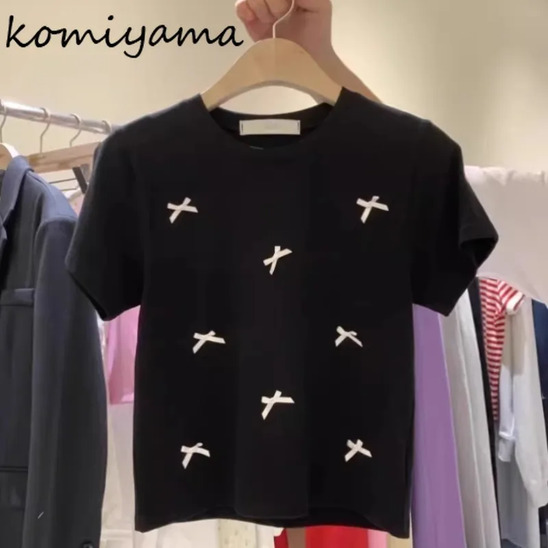 

Хит цвета с бантом Ropa Mujer, женская одежда с круглым вырезом и короткими рукавами, корейская модная одежда, новые летние топы, универсальные майки