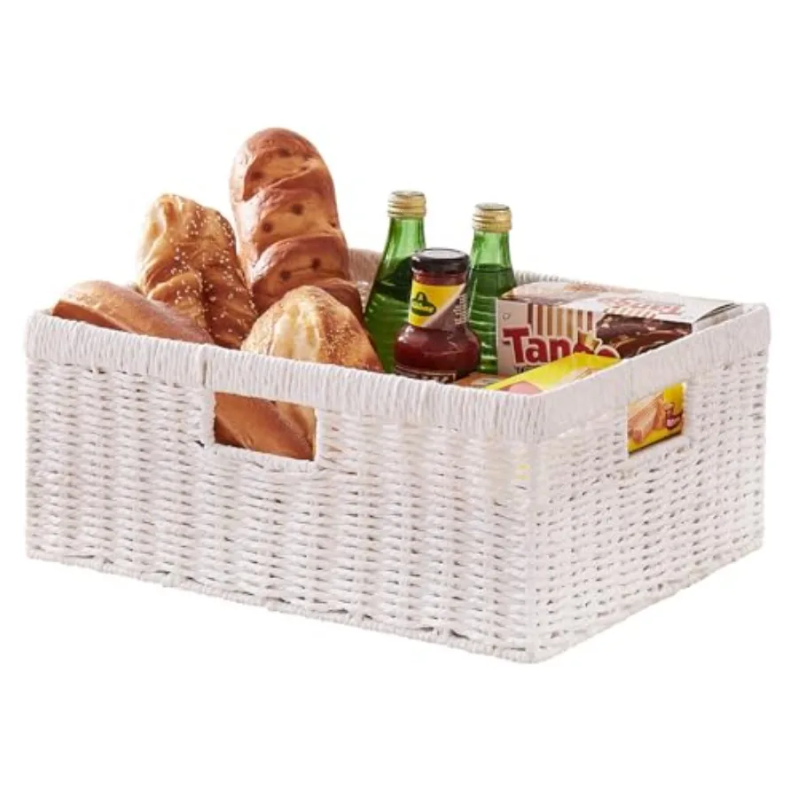 

Wicker Storage Basket, Rectangular Paper Rope Shelf Baskets with Built-in Handles, Woven Decorative Organizer for Pantry, Shelv