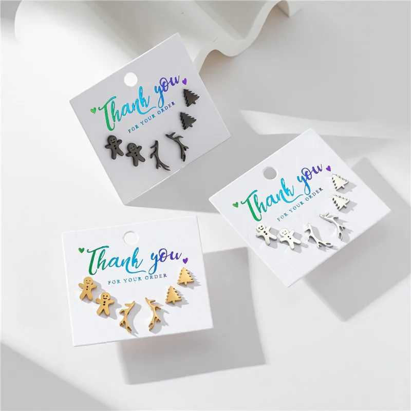3Pair/card Christmas Stainless Steel Tree Deer Antlers Earrings Funny Gingerbread Man Ear Jewelry Girls New Year Earrings Gifts