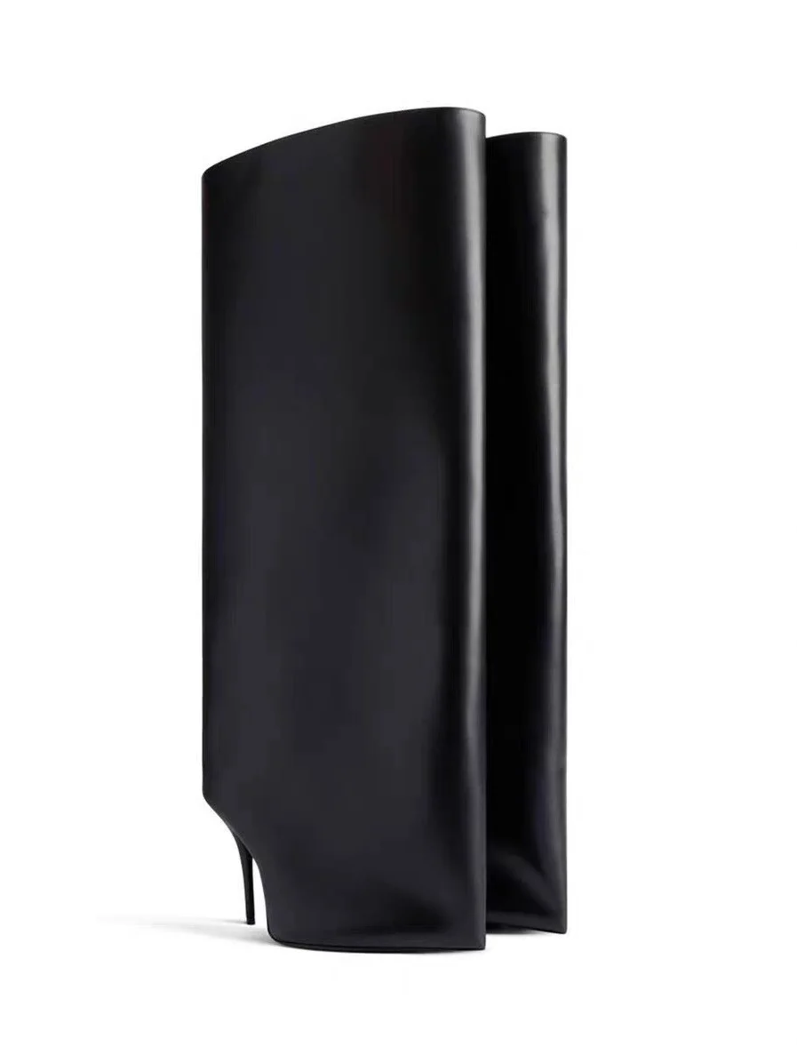 Botas hasta la rodilla para mujer, tacones de aguja, diseño clásico negro, pasarela, tubo medio, Punk, talla grande, primavera 2025