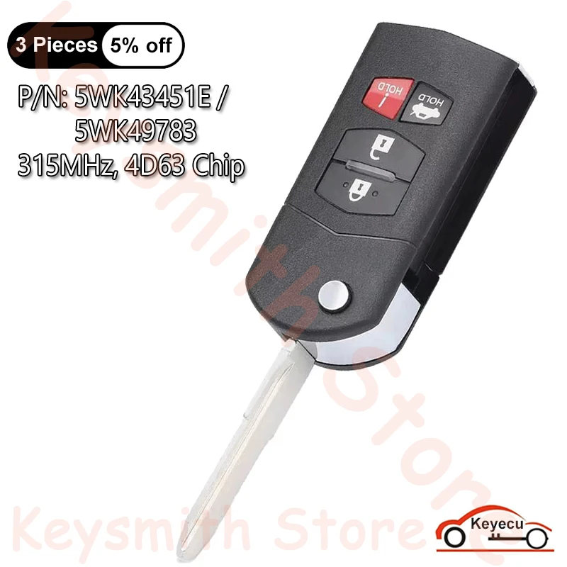 

KEYECU 4 кнопки 315 МГц 4D63 чип для Mazda 6 2009 2010 автоматический флип-брелок с дистанционным управлением SIEMENS VDO: 5WK43451E 5WK49783