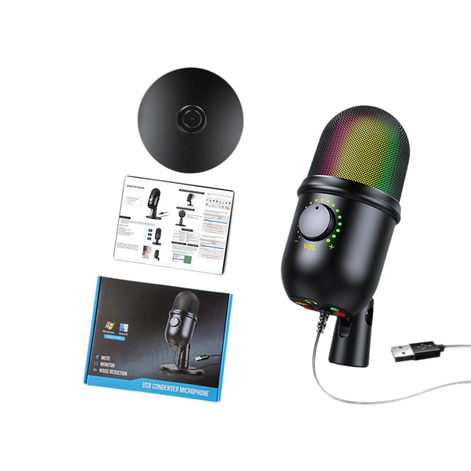 USB Microphone Professional Noise Reduction with RGB Light Gaming USB Microphone