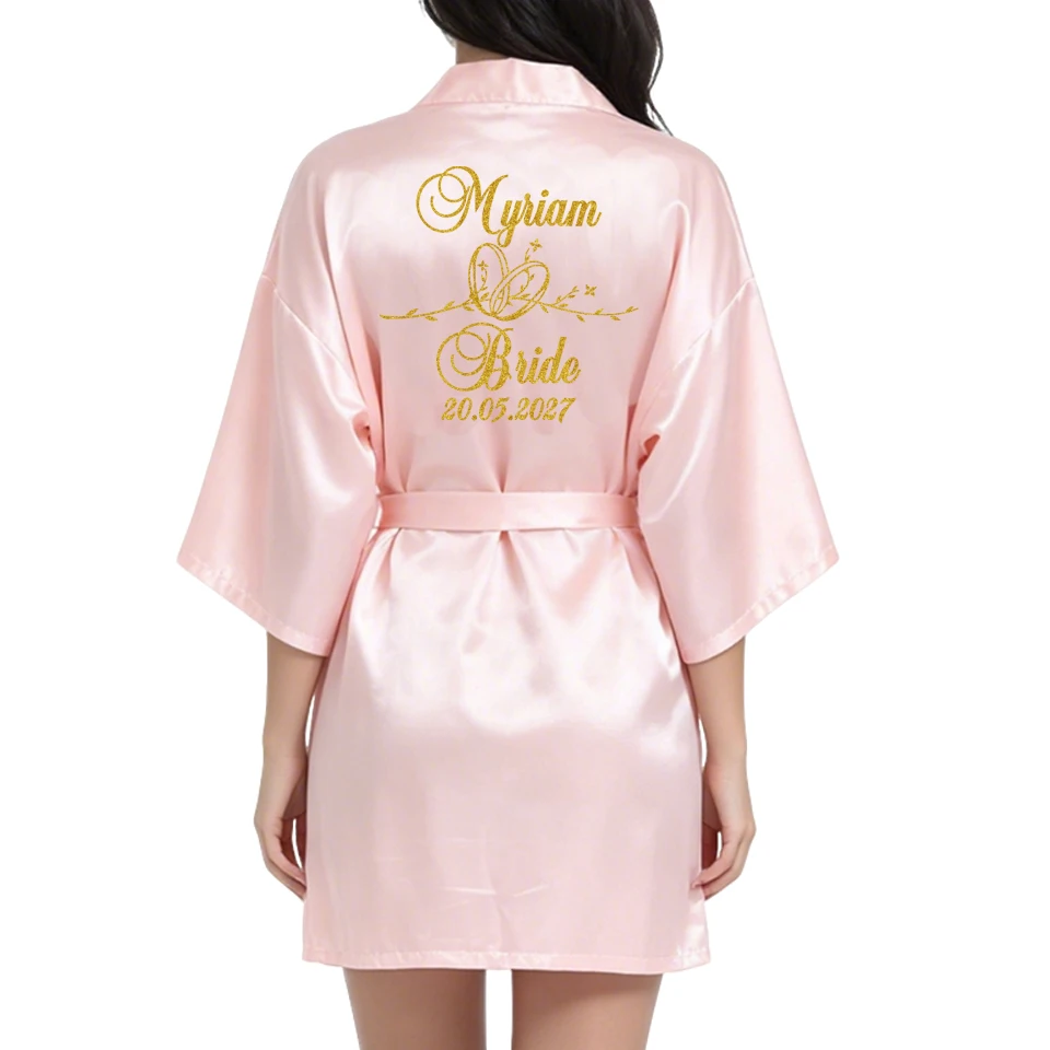 Aangepaste logo bruiloft datum naam badjas kunstzijde bruids gewaad bruid bruidsmeisje bruiloft gewaden vrouw Bachelorette Preparewear