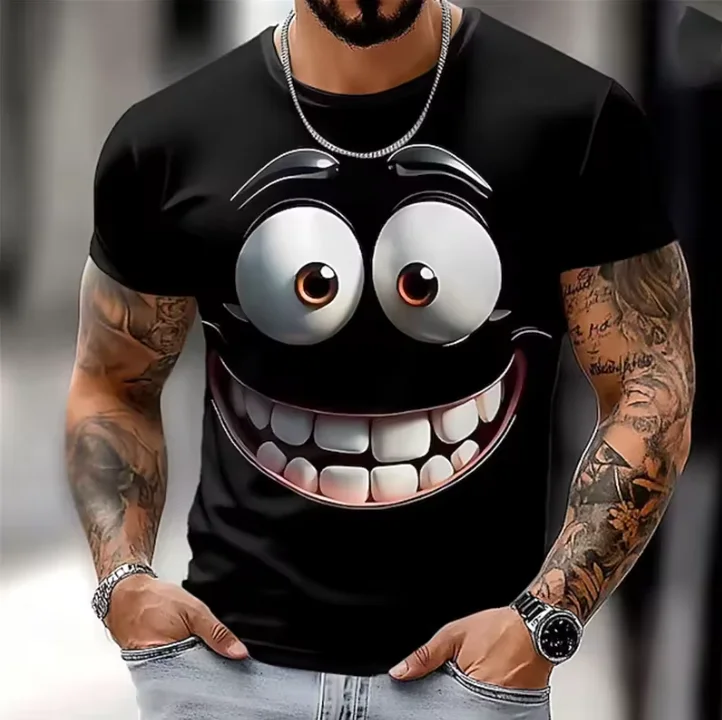 Men's casual short sleeve t-shirt with unique expression print - breathable polyester, crew neck, perfect for summer outings