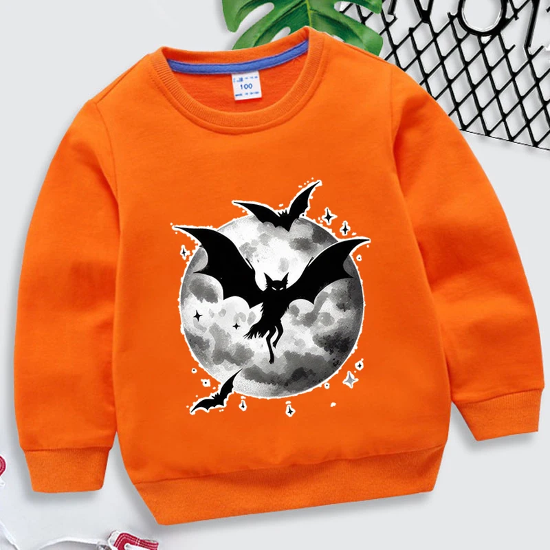 

Halloween Bat Moon Print Round Neck Pullovers Fashion Halloween Print Hoodless Sweatshirts Casual Pure Color Pullovers