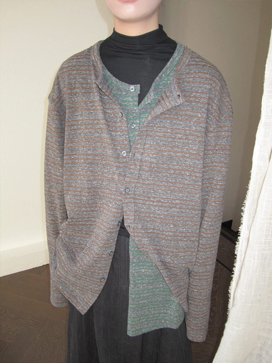 

Свободный длинный вязаный свитер в полоску Lazy Sle, осеннее новое поступление, женский повседневный корейский свитер на пуговицах, хлопок...