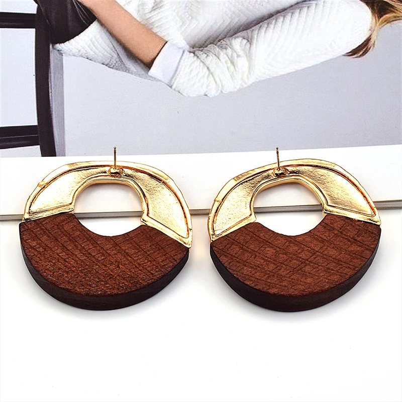 New Arrival Handmade Metal Wooden Drop Earrings For Women Jewelry Geometric Statement Accessories