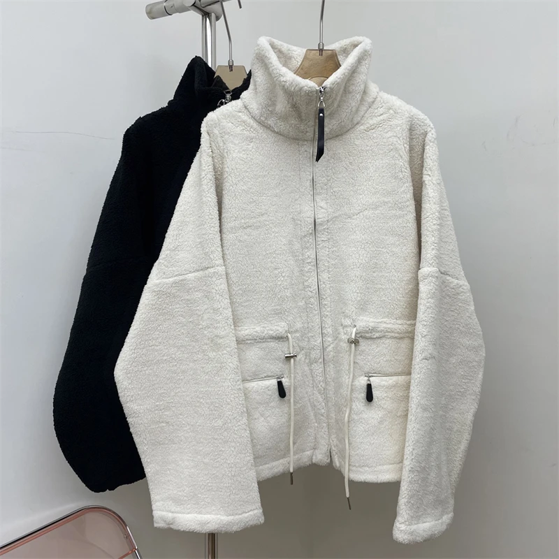 

Autumn Winter New Arrival Women's Y2K Fashionable Casual Double Zipper Drawstring Jacket Loose Fit Stand Collar Fleece Outerwear