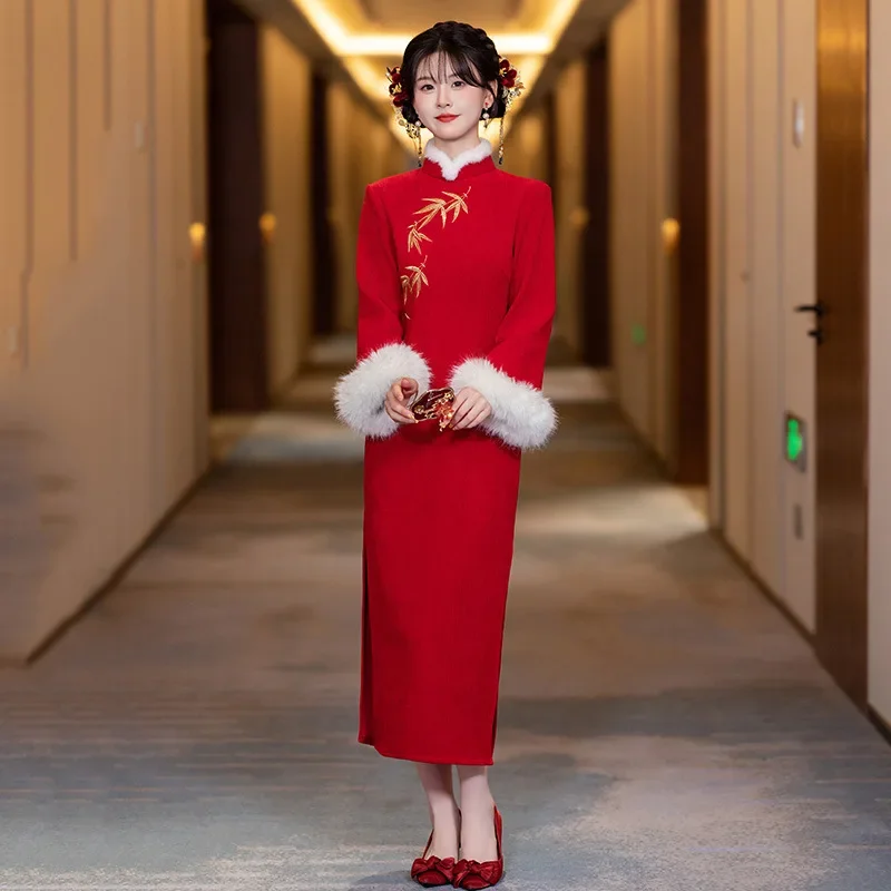 Roupas de inverno vermelhas bordadas estilo chinês diário longo cheongsam vestido qipao retrô de manga comprida para mulheres jovens