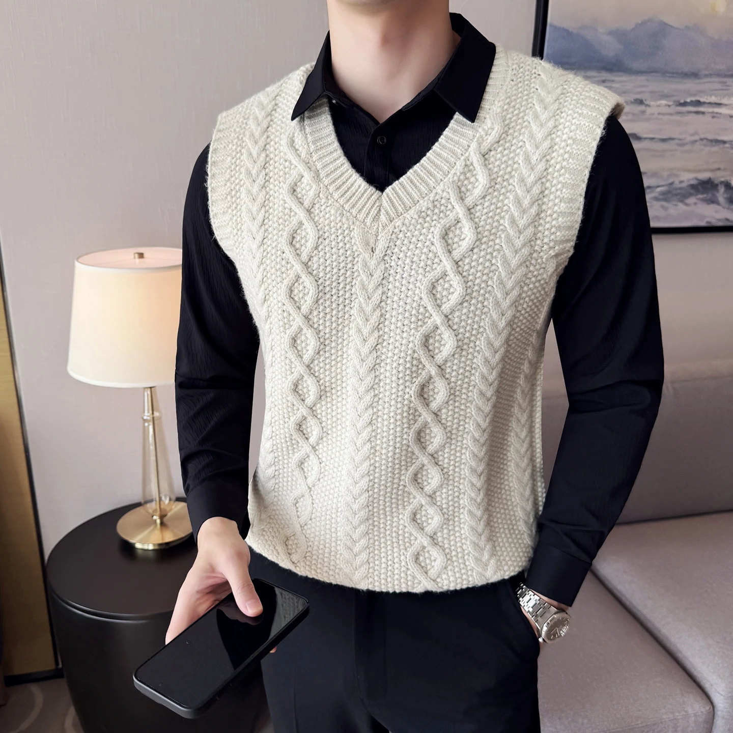

2025 Autumn Winter Vest Men's High-quality Knitted Sleeveless Vest V-neck Casual Business Knit Sweater Versatile Men Clothing