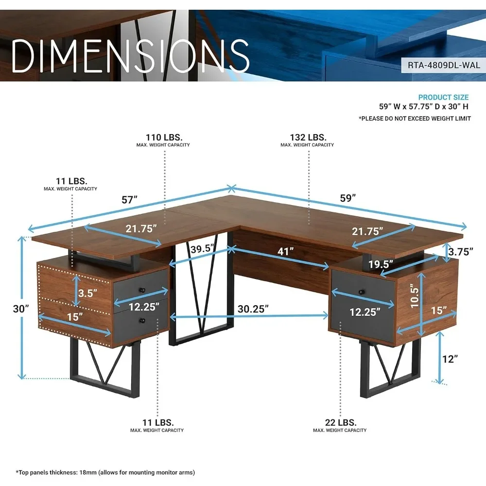 Reversible L Shaped Desk with File Cabinet and Drawers  – Modern Versatile L Shaped Office Desk with Drawers and File Cabinet