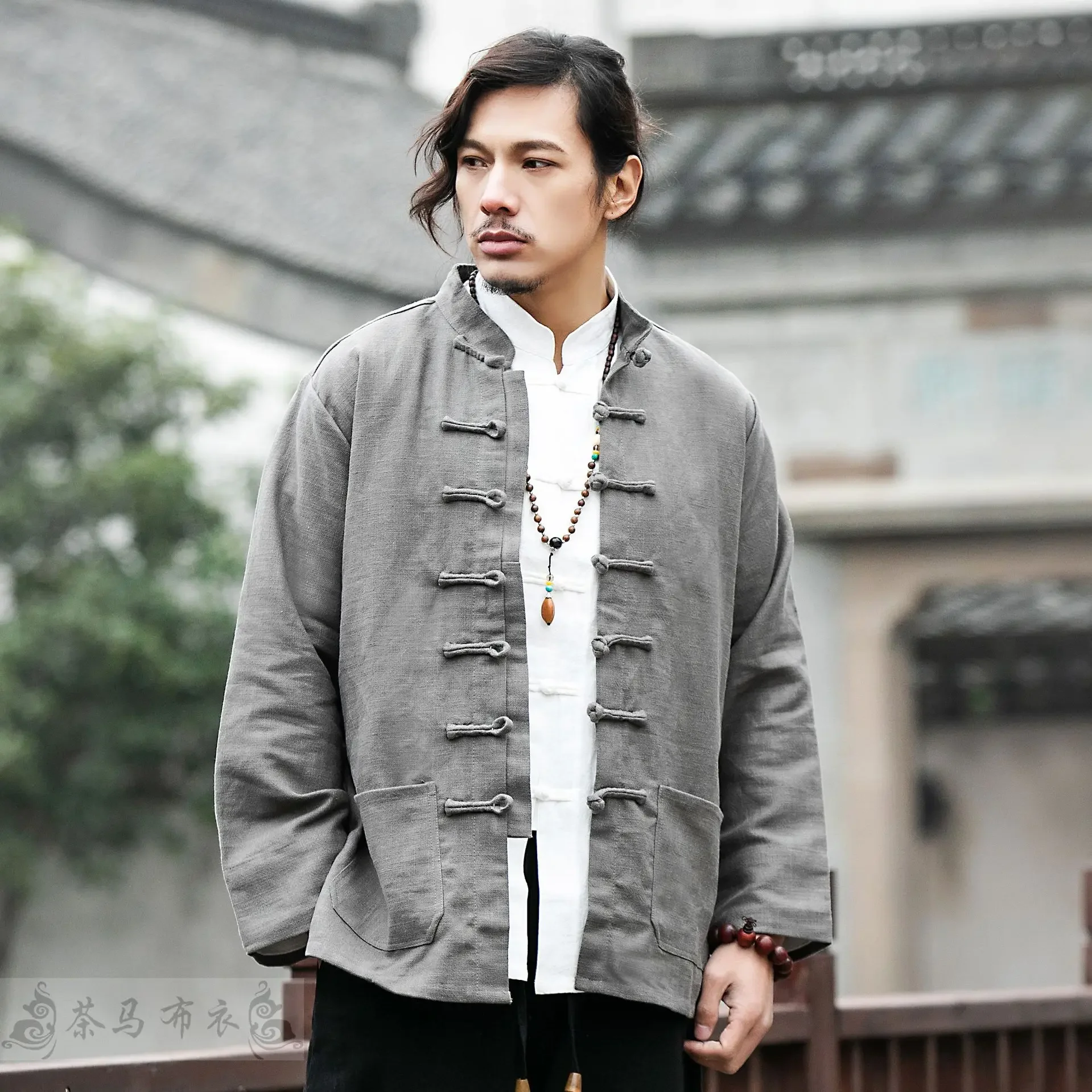 2021 New Chinese Traditional Solid Color Cotton and Linen Stand Collar Tang Suit Men's Casual Long Sleeved Shirt Kung Fu Suit